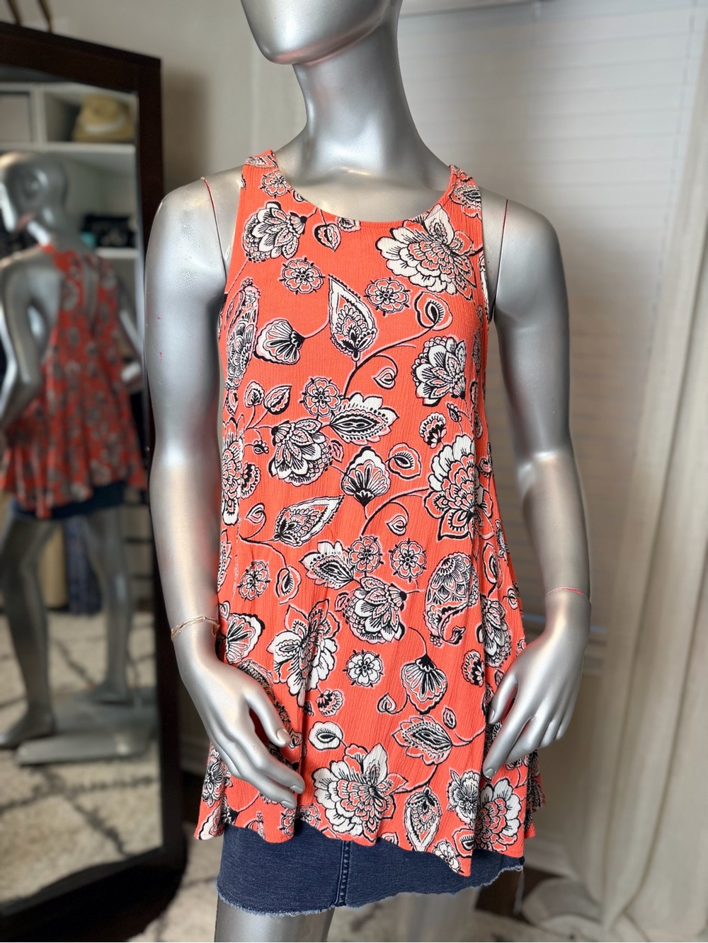 Free People Coral Floral Paisley Swing Tank Top Boho Cotton Sleeveless Small